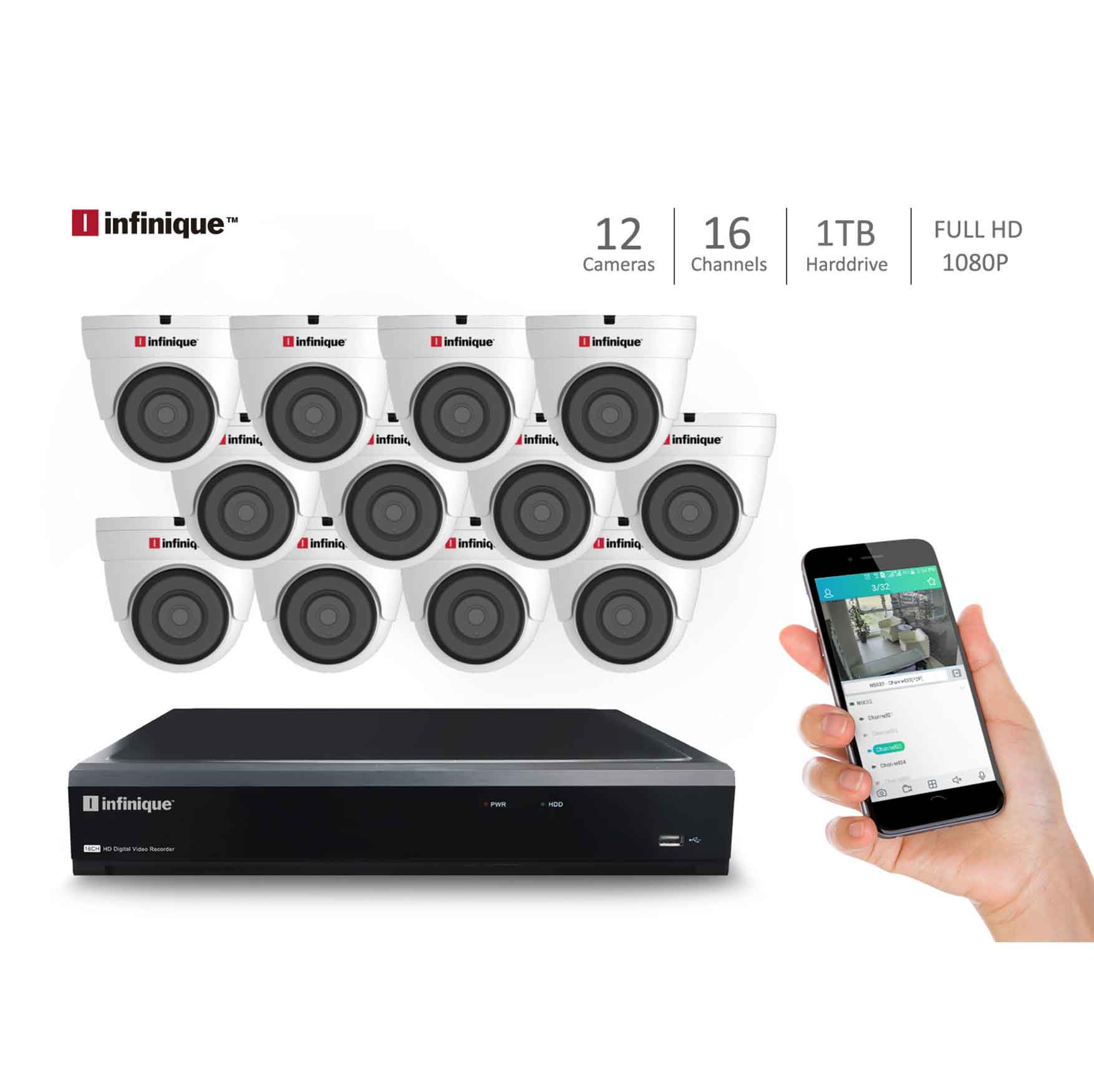 Infinique 16Ch Hybrid DVR with 12 Dome Cameras